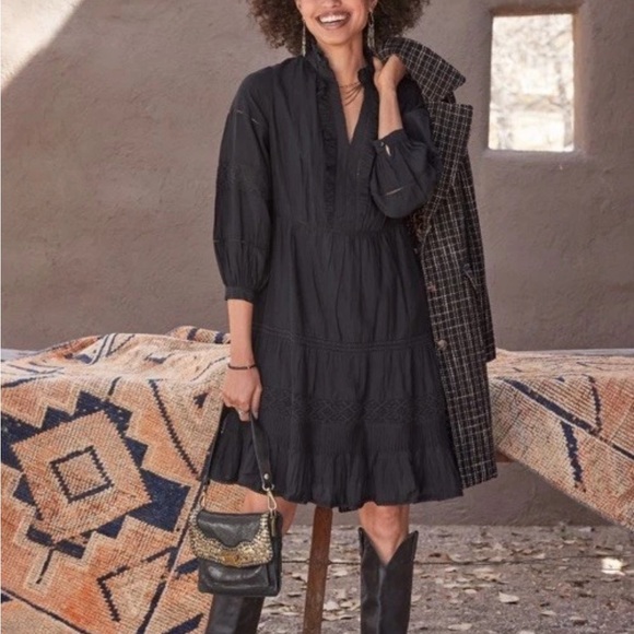 Sundance Dresses & Skirts - NEW Sundance Catalog Bromlee Black Ruffle Trim Dress Lace Lined Puff Sleeves